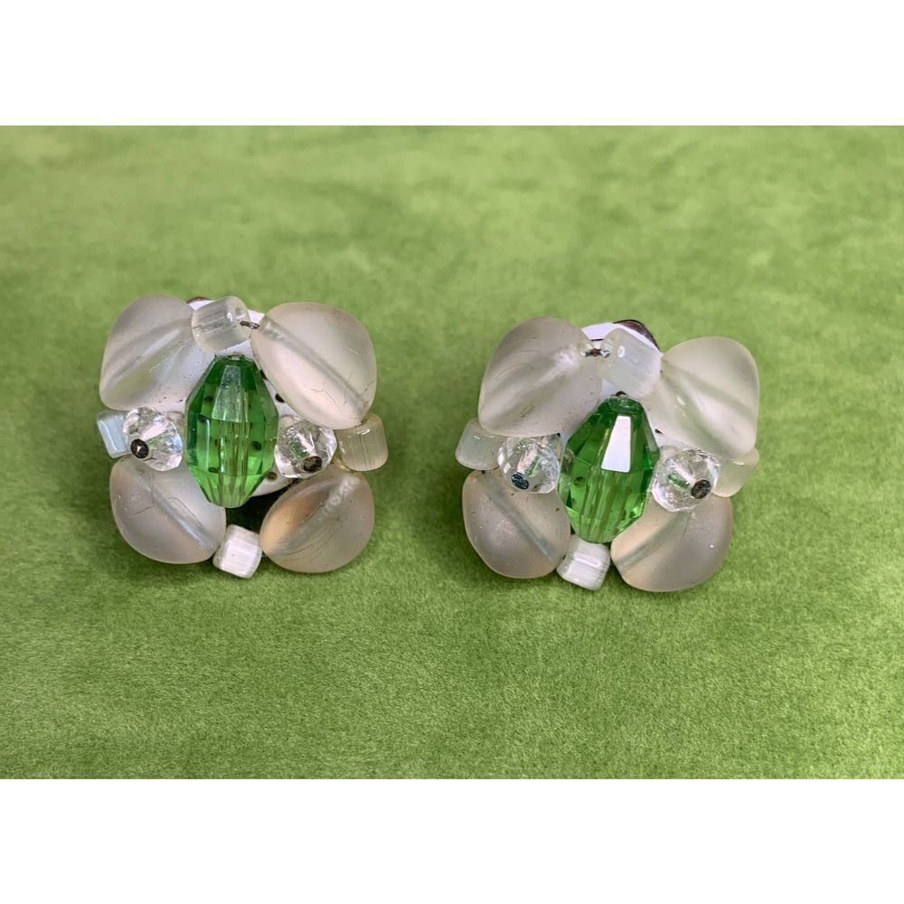 Frosted Earrings in Silver wash with Green center, Vintage